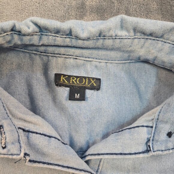 Kroix Shirt Womens Medium Blue Chambray Longline Distressed Rainbow Tunic - Picture 3 of 13